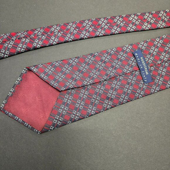 Nordstrom Made In Italy Red & Navy Small Plaid 100% Silk Tie Jacquard 62"x4" - Picture 3 of 7